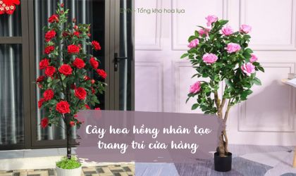 hoa hồng nhân tạo làm thành cây decor cửa hàng - DVN tổng kho hoa lụa 6